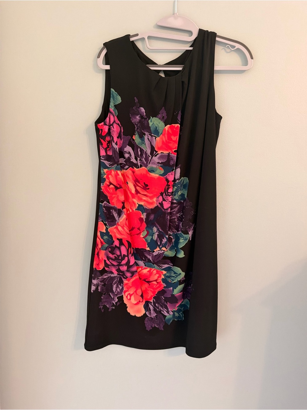 Nine West Black One-Shoulder Floral Shift Dress with Pink and Purple Blooms